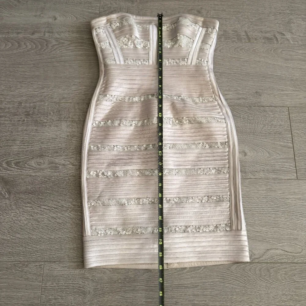 BCBGMAXAZRIA Strapless Mini Bandage Dress Champagne Sequin Size 0 - Picture 11 of 12